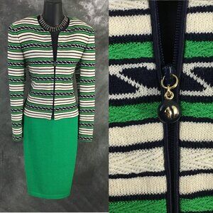 BEAUTIFUL St John collection knit green blue multi jacket skirt suit size 10
